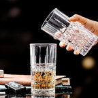 Tall Highball Glasses Set of 6, 14 Ounce Cups, Textured Designer Glassware for Drinking Water, Beer, or Soda, Trendy and Elegant Dishware, Dishwasher Safe