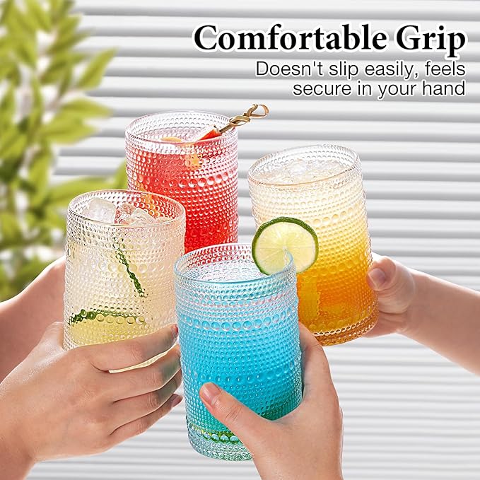 Hobnail Drinking Glasses Set of 8, 4pcs 15oz Highball Glasses & 4pcs 12oz Clear Glass Cups,Kitchen Bar Vintage Embossed Glassware Sets for Whiskey,Cocktail,mocktails,Wine, Water & Juice Drinkware