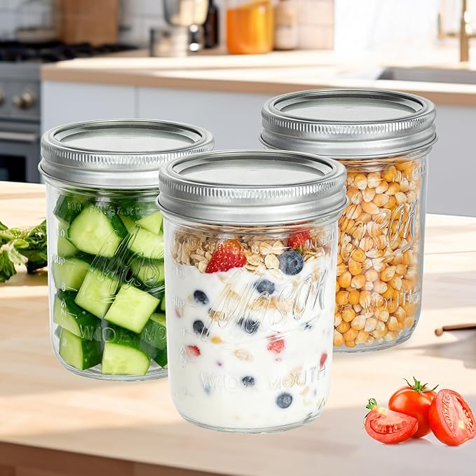 Wide Mouth Mason Jars 16 oz with Lids [8 Pack], Mason Jars with Lids, Canning Jars with Leak Proof, 16 oz Glass Jars for Fermenting, Meal Prep, Freezing, Preserving