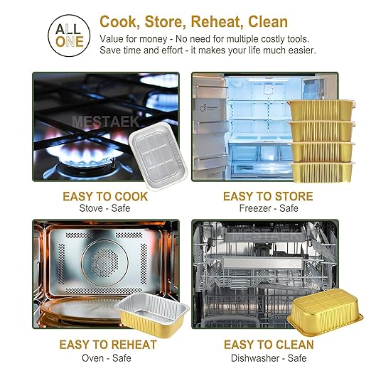 11"x 7.5" Sturdy Aluminum Foil Pans + Lids (5 Pack), 2X Thicker Heavy Duty for Oven, Grill, Microwavable Cooking Baking, Reusable Freezable Dishwasherable Disposable Tin Pot Container 74oz