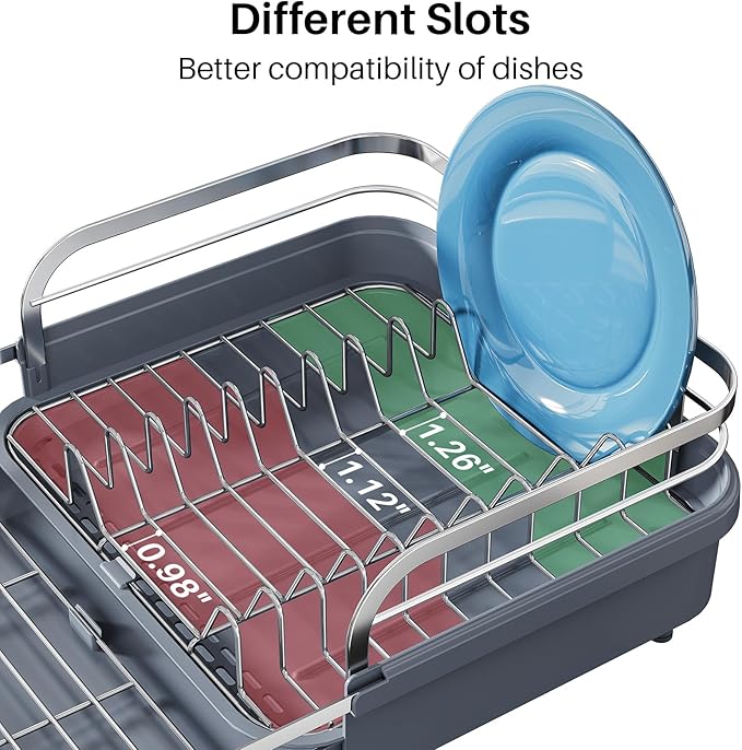 Dish Drying Rack, Expandable Dish Rack for Kitchen Counter, Stainless Steel Dish Drainer with Drainboard Set and Utensil Holder (Gray)