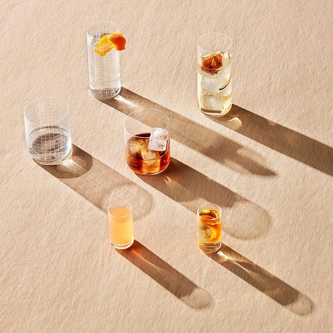 NUDE Whiskey Glasses Set of 4 DOF – 13.25 oz Finesse Grid Lead-Free Crystal Old Fashioned Rocks Glasses for Whisky, Scotch & Bourbon – Etched Graphic Motif, Dishwasher Safe Barware