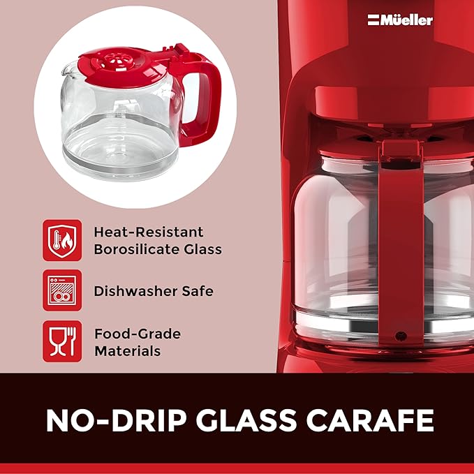 MUELLER HOME 12-Cup Red Coffee Maker - Perfect for Home or Office, Borosilicate Carafe, Auto-Off, Reusable Filter, Anti-Drip, Keep-Warm Function, Clear Water Level Window, Red Kitchen Accessories