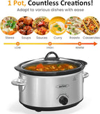 4QT Slow Cooker & Mini Food Warmer with Removable Ceramic Pot, 3 Heating Settings, Dishwasher Safe Glass Lid, Stainless Steel,Sliver