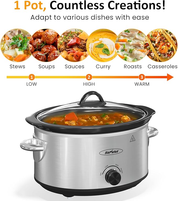 4QT Slow Cooker & Mini Food Warmer with Removable Ceramic Pot, 3 Heating Settings, Dishwasher Safe Glass Lid, Stainless Steel,Sliver