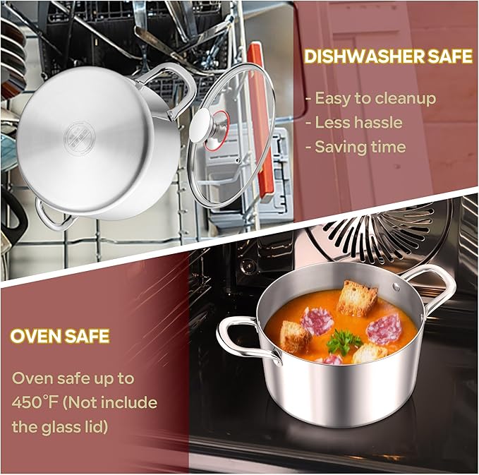 E-far 5 Quart Stock Pot with Lid, 18/10 Tri-ply Stainless Steel Stockpot for Induction Ceramic Gas Stoves, Heavy Duty Cooking Pot for Pasta Soup Stewing Simmering, Oven and Dishwasher Safe