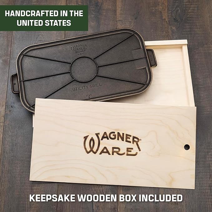 Wagner Cast Iron Griddle – 1950 Vintage Reissue in Wooden Box – Double Burner Griddle for Stovetop & Outdoor Cooking – Pre-Seasoned Cast Iron – Handcrafted in USA – Naturally Nonstick