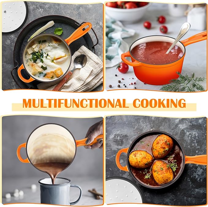 E-far Enameled Cast Iron Sauce Pan with Lid, 1 Quart Dutch Oven Saucepan, Mini Sauce Pot for Cooking, Boiling, Healthy & Non Toxic, Induction & Oven Safe, Orange