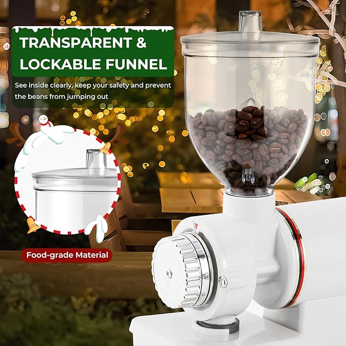 Burr Coffee Grinder Electric Espresso Grinder Commercial & Homeuse Silent Small Coffee Bean Grinder with Hopper Adjustable Grind, With Brush, Spoon, White