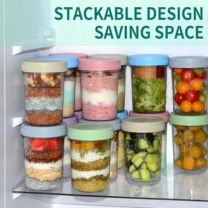 16 oz Overnight Oats Containers with Lids, 6-Pack Leak-Proof Wide Mouth Mason Jars & Separate Compartments for Fruits/Nuts, Airtight Glass Jars for Chia Pudding, Yogurt, Parfait and Salad