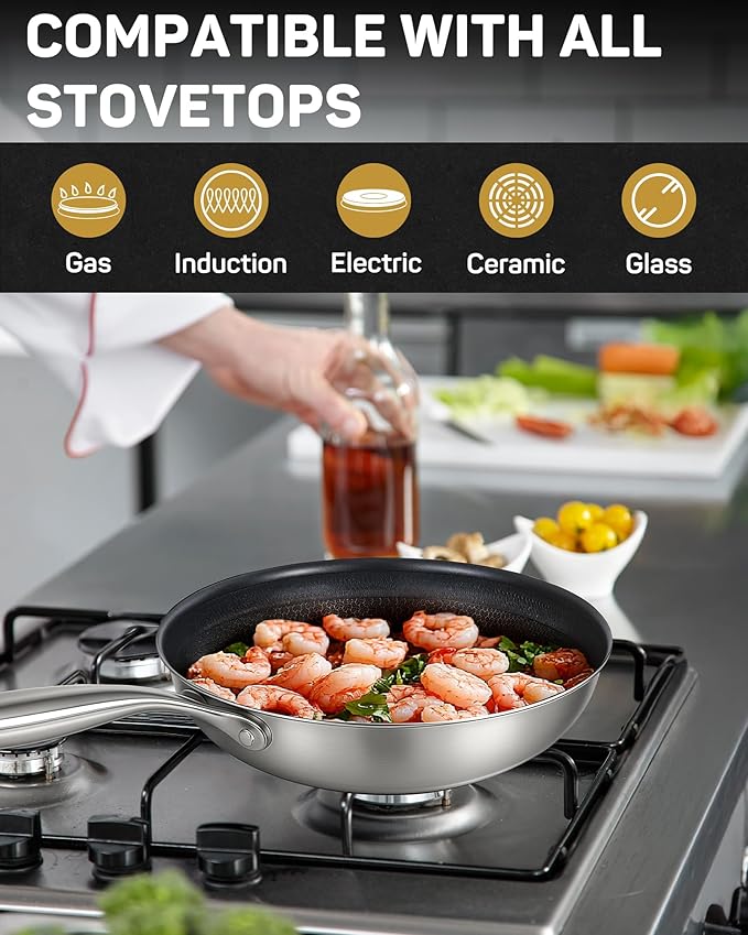 Stainless Steel Nonstick Frying Pan, Hybrid Ceramic 8-Inch Frying Pans, Stay-Cool Handle, PFAS & PFOA PTFE Free, Dishwasher & Oven Safe, Scratch-Resistant, Compatible with Induction & All Cooktops