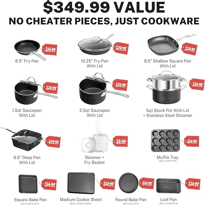 Granitestone True 20 Pc Pots and Pans Set Non Stick Cookware Set with Deep Square Pan and Bakeware Set, Non Toxic PFOA PFOS Free, Oven & Dishwasher Safe, No Cheater Pieces