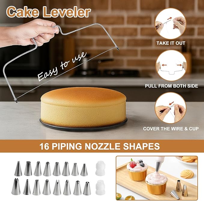 WERTIOO 138pcs Springform Cake Pan Sets for Baking with Cake Decorating Kit, 3 Round Non-Stick Cake Pans Set (4, 7, 9 inches), Leak-Proof Cheesecake Baking Pans with Icing Tips, Cake Leveler & eBook