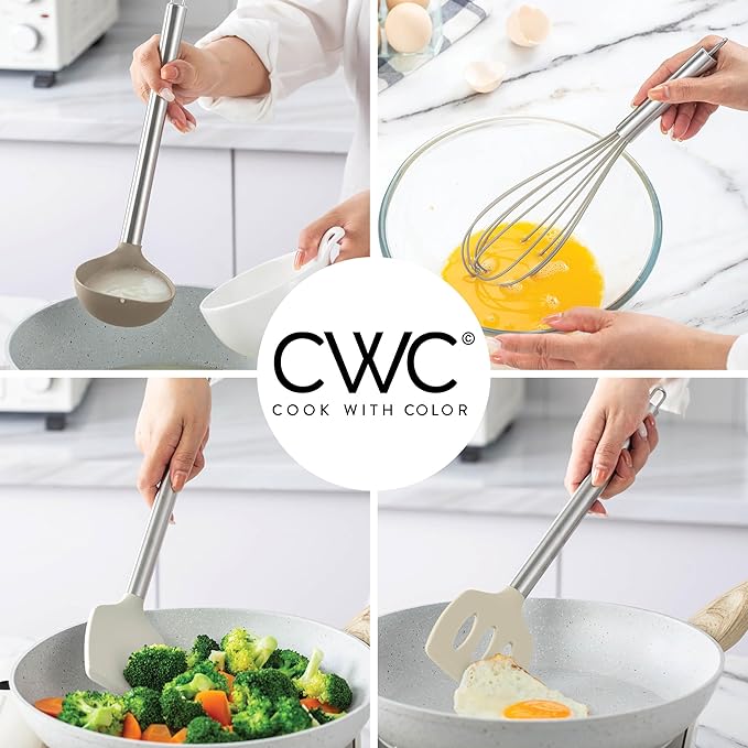 COOK WITH COLOR Silicone Cooking Utensils, Kitchen Utensil Set, Easy to Clean Silicone Kitchen Utensils, Cooking Utensils for Nonstick Cookware, Kitchen Gadgets Set, 10 Pieces, Brown