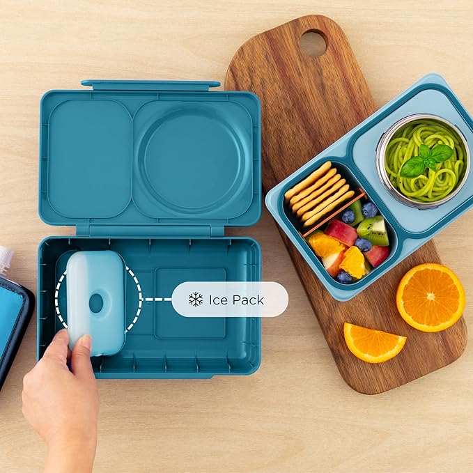 Omie OmieBox UP bento Box for Kids | Insulated Lunch Box | Leak Proof Vacuum Insulated Thermal Food jar | Cooler ice Pack | 2 Compartments (Teal Green)