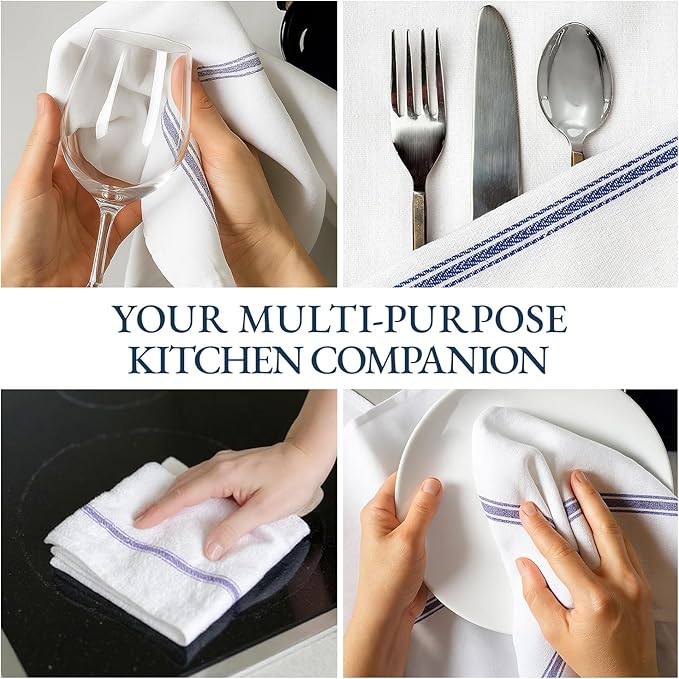 LANE LINEN Kitchen Towel Set - 24 Pack 100% Natural Cotton Absorbent Dish Towels for Kitchen, Reusable Wash Cloths, Machine Washable Hand Cloth, 14"x25", Soft & Durable - Blue Stripe