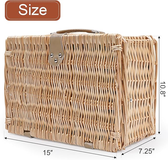 Wicker Picnic Basket for 2 Person, Willow Hamper Basket Sets with Insulated Compartment, Handmade 2 Person Picnic Basket Classical Green Stripe with Utensils Cutlery Perfect for Picnic, Camping