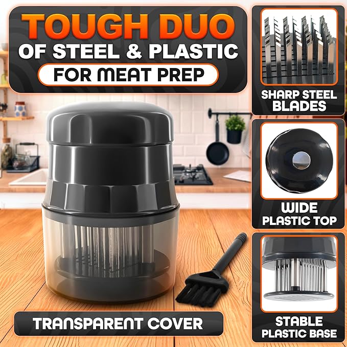 Meat Tenderizer Tool - Convenient Chicken Tenderizer Tool with 56 Sharp Stainless Steel Needle Blades, Safety Lock & Cleaning Brush, Dishwasher Safe - for Beef, Steak, Fish, Meat & Poultry Tenderizers
