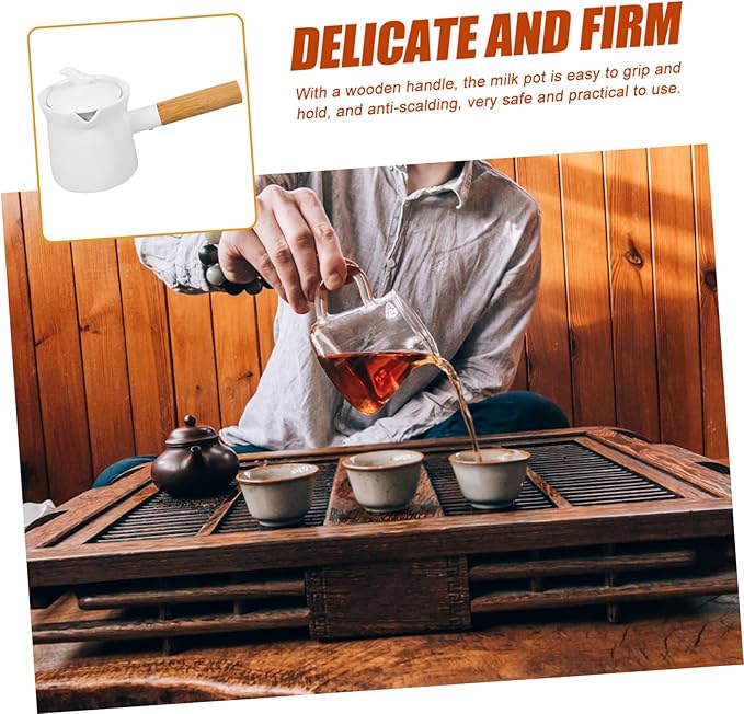 Ceramic Milk Pot with Wooden Handle 350Ml Mini Butter Warmer for Sauces Cream and Milk Ideal for Home Use