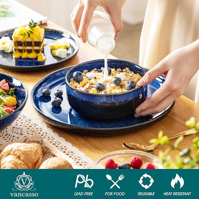 vancasso Starry Plates and Bowls Sets for 6, 24 Pieces Dinnerware Sets, Blue Reactive Glaze Dishes Sets for Kitchen, Scratch Resistant Stoneware Dishes Set, Dishwasher and Microwave Safe