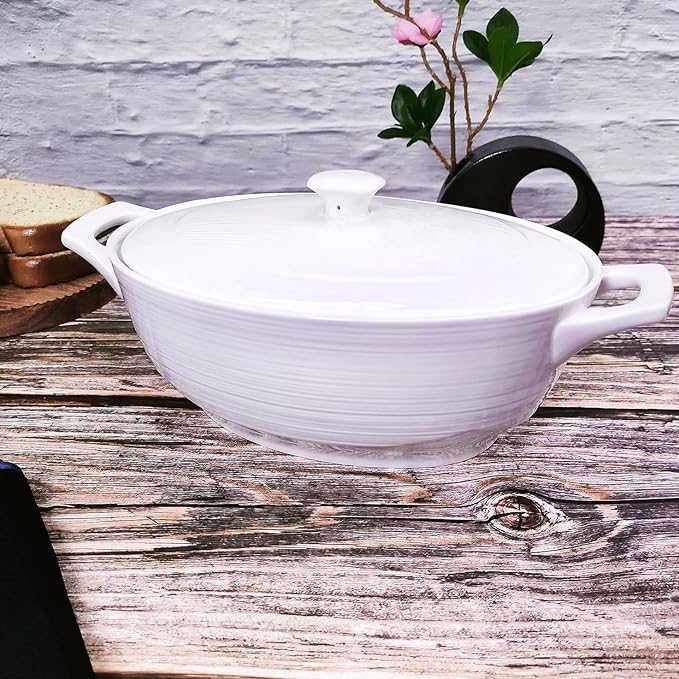 9" x 6.5" Oval Casserole Dish with Lids,1.9 Quart French White Ceramic Serving Soup Tureens, Baking Dish with Handle 12.1 IN, for Casseroles, Lasagna Cookware Set, Microwave, Oven Safe