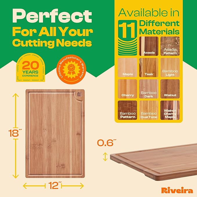 Riveira Brown Bamboo Wood Cutting Board – Gourmet Bamboo Grandeur: 18 x 12 Wooden Cutting Board – Wooden Cutting Boards For Kitchen Decorative – Innovative Juice Grooves Wooden Chopping Board