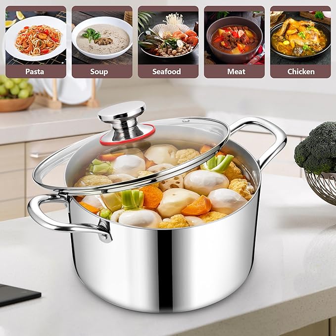 4QT Stock Pot with Lid, Homikit 18/10 Tri-Ply Stainless Steel Cookware Stockpot, Induction Cooking Pot Compatible with All Stove for Soup Pasta Steaming and Stewing, Dishwasher Safe