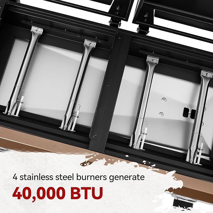 GD4002TPY Portable Tabletop Grill & Griddle Combo with Hood, 4-Burner Portable Propane Gas Grill Griddle Combo for Backyard, Camping, Picnicking and Tailgating, 40,000 BTU, Bronze Gold