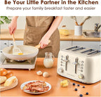 Roter Mond Toaster 4 Slice Retro Stainless Steel with Extra Wide Slots Bagel, Defrost, Reheat Function, Dual Independent Control Panel, Removable Crumb Tray, 6 Browning Levels, Cream White