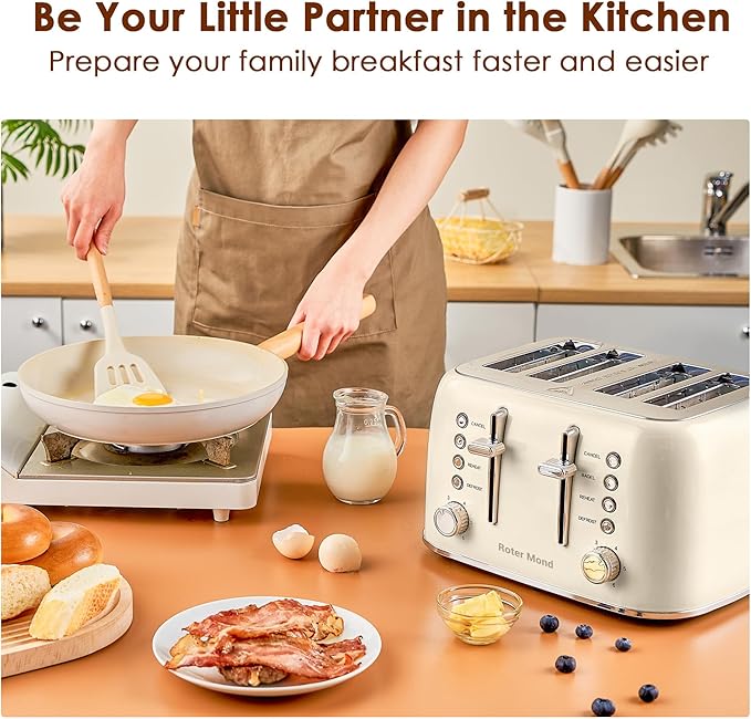 Roter Mond Toaster 4 Slice Retro Stainless Steel with Extra Wide Slots Bagel, Defrost, Reheat Function, Dual Independent Control Panel, Removable Crumb Tray, 6 Browning Levels, Cream White