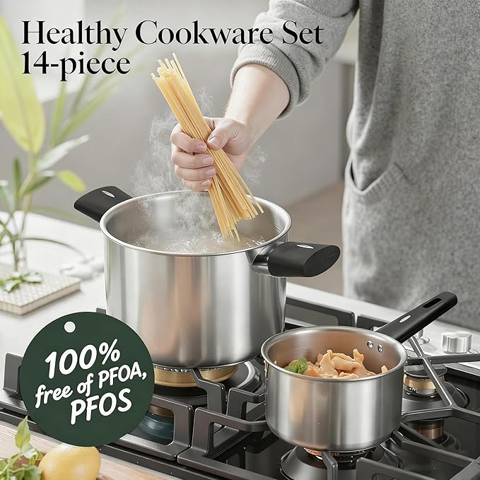 Stainless Steel Cookware Set, 14-Piece Pots and Pans Set, Kitchen Cookware Set with Stay-Cool Handle, Non-Toxic, Dishwasher Safe & Compatible with All Stovetops (Gas, Electric & Induction)