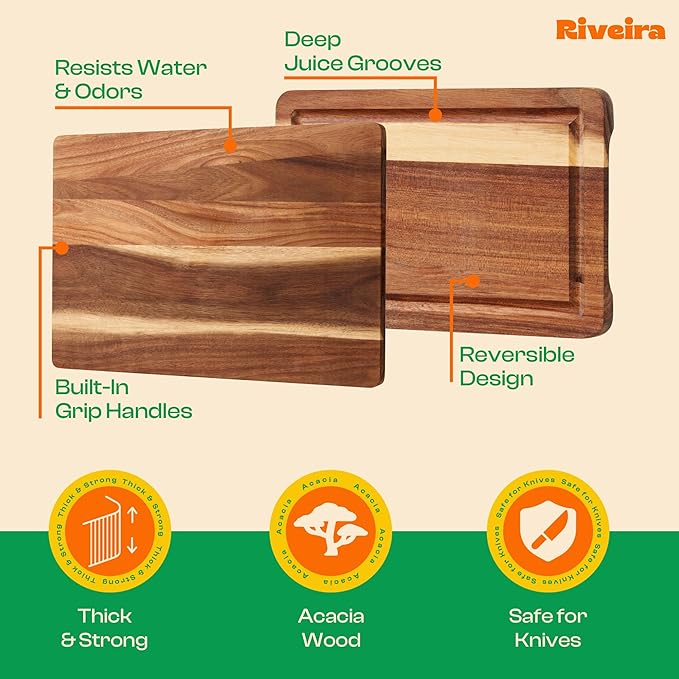 Riveira Acacia Wood Cutting Board - Gourmet Grandeur: 18 x 12 Wooden Board for Kitchen - Natural Decorative Chopping Board With Innovative Juice Grooves