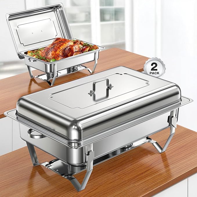 Chafing Dishes for Buffet 9QT 2 Pack, Easy Assembly, Food-Grade Stainless Steel Chafers for Catering w/Rolled Rim, Foldable Frame, for Party, Banquet (Full Size Food Pan)