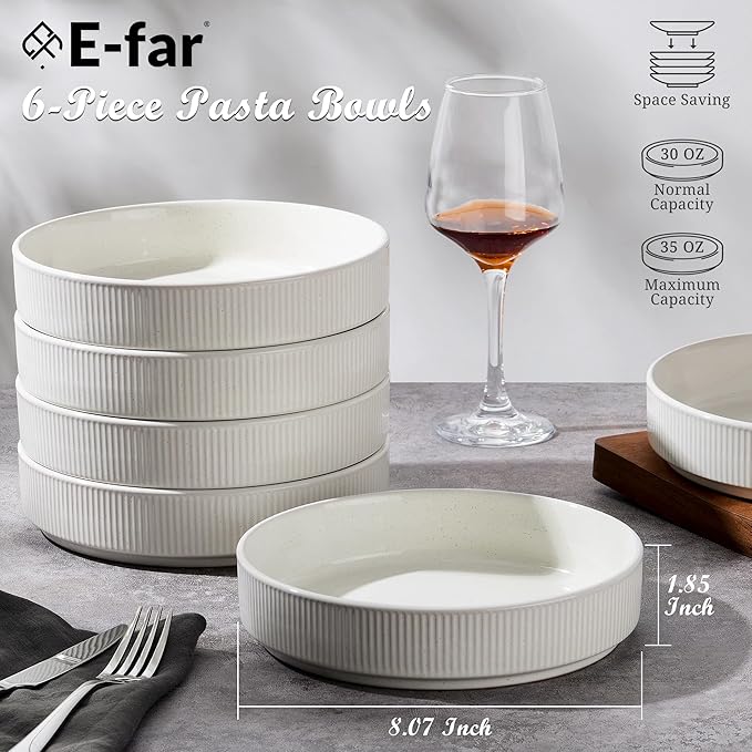E-far Pasta Bowls Set of 6, 35oz Large Salad Bowl Plate for Dinner Serving Soup, Wide & Shallow Ceramic Stoneware Pasta Plates, Microwave & Dishwasher Safe, Textured Stripes & Speckled White, 8”