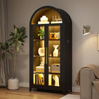 Arch Storage Cabinet with Tempered Glass Door, 71” Arched Display Floor Cabinet, 5 Tier Farmhouse Buffet with Storage for Dining Room, Living Room, Home Office or Kitchen(Black)
