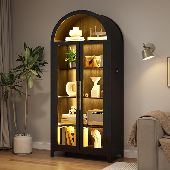 Arch Storage Cabinet with Tempered Glass Door, 71” Arched Display Floor Cabinet, 5 Tier Farmhouse Buffet with Storage for Dining Room, Living Room, Home Office or Kitchen(Black)