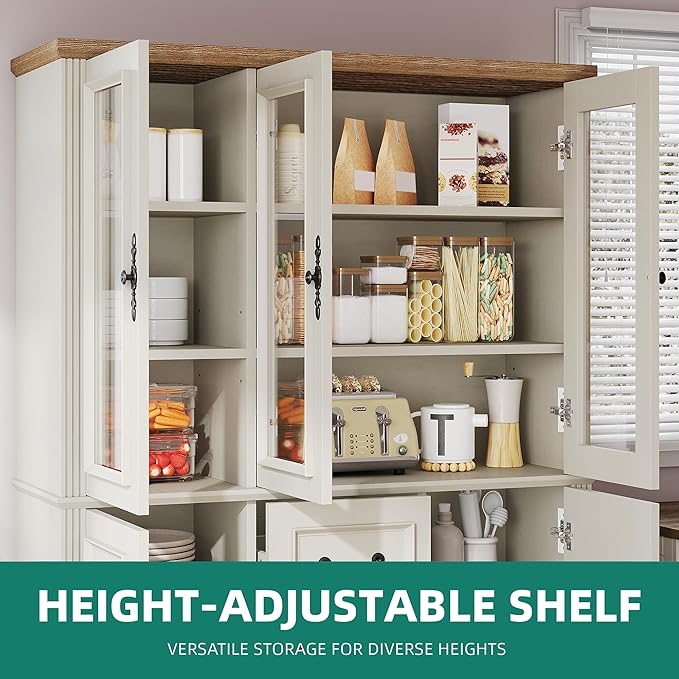 YITAHOME 71" H x 47" W Kitchen Pantry with 3 Drawers, Large Storage Cabinet with 3 Glass Doors & Adjustable Shelves, Freestanding Tall Display China Cabinet for Living & Dining Room, White