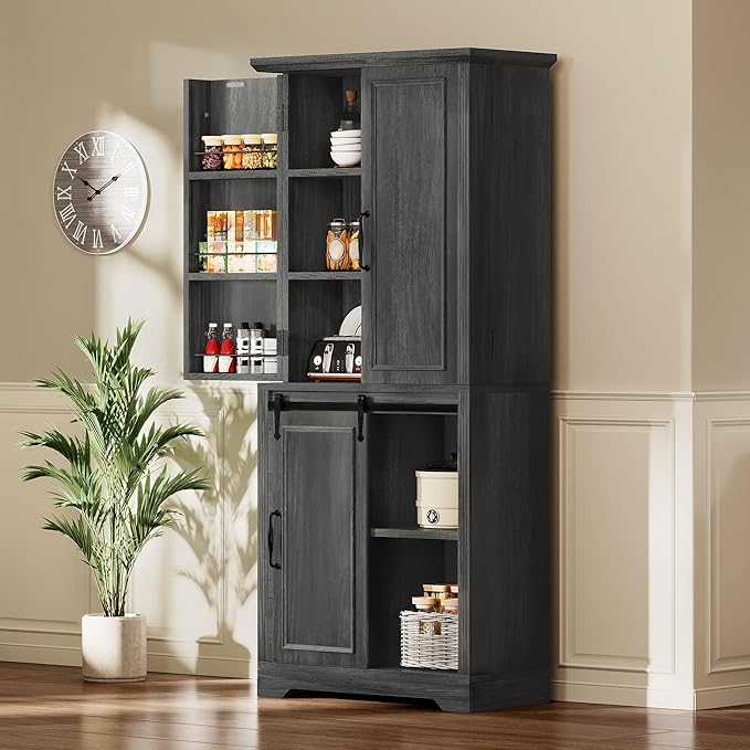 YITAHOME Pantry Cabinet, 71-Inch Tall Freestanding Storage Cabinet with 4 Drawers, Farmhouse Cupboard with Doors Storage, Adjustable Shelves, for Living Room, Dining Room, Gray Oak