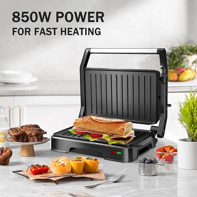 Panini Press Grill & Sandwich Maker - 2-Slice, 180° Adjustable Hinge, Non-Stick Aluminum Plates for Paninis, Quesadillas, Waffles & More, Easy to Clean, 850W Electric Griddle, Perfect for Kitchen