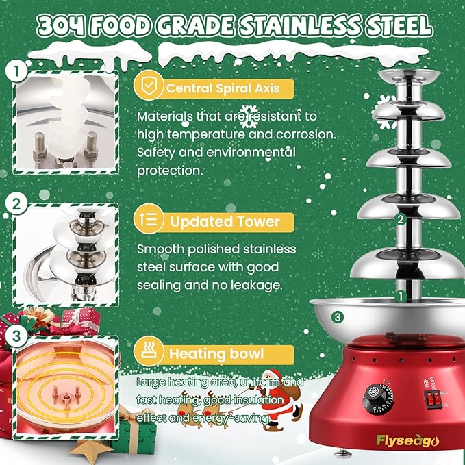 Chocolate Fountain Commercial Hot Chocolate Fondue Tower 5 Tier 7-Pound Large Capacity Stainless Steel Chocolate Melting Heating Machine for Nacho Cheese Liqueurs Party Wedding (Vintage Red)