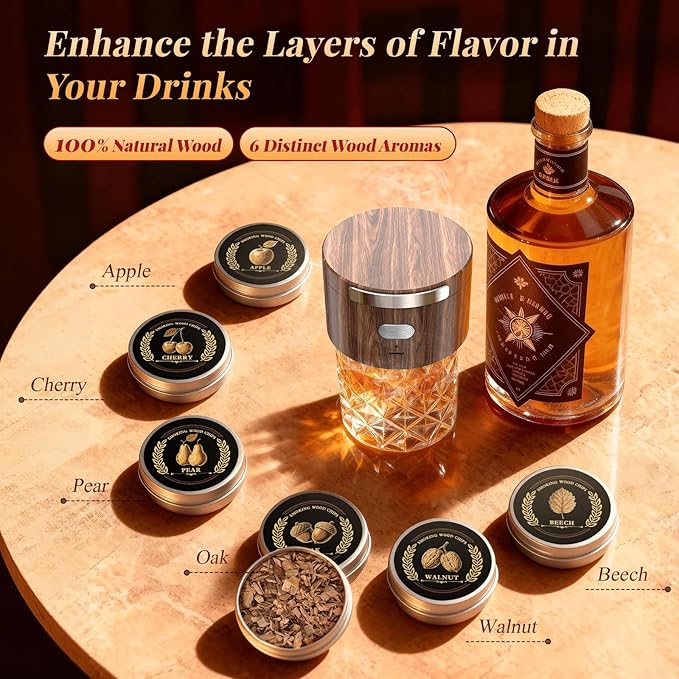 Electric Whiskey Smoker Kit Built-in Lighter, Rechargeable Cocktail Smoker Kit with 6 Wood Chips, No Butane Required, Fits Most Glasses,Ideal Christmas/Birthday Gifts for Men, Dad, Husband (Walnut, S)