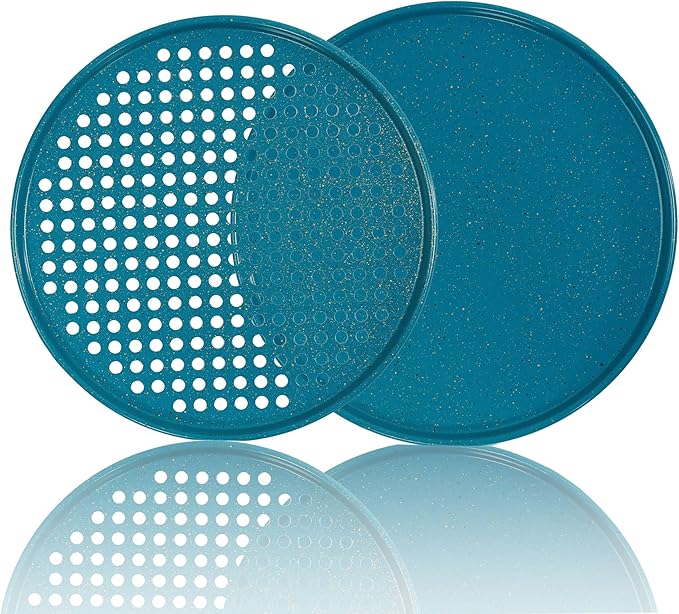 casaWare 2pc 12-inch Ultimate Pizza Pan Set, Nonstick, Ceramic Coated, (1) Solid, (1) Perforated (Blue Granite)