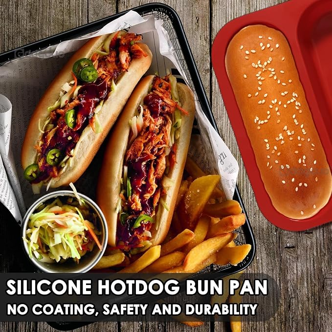 Silicone Hotdog Bun Pan, 6 Inch Standard Hot dog Bun Mold, 4 Cup Non-stick Homemade Hotdog Bun Baking Pans, Mini Baguette Pans, Dishwasher Safe, 2 Pcs (Red)