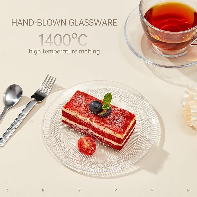 Dessert Plates - 6 Inch/15cm Handblown Glass Plates Set of 6 - Small Decorative Salad and Dessert Plates, Clear Glass Dinner Plates for Appetizers, Salads, and Small Meals
