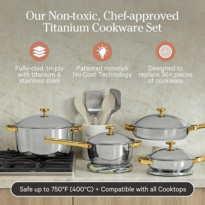 Our Place Titanium Pro Cookware Set | Standard & Mini Always Pans & Perfect Pots | Coating-Free Titanium Nonstick, Tri-Ply Stainless & Aluminum | Oven, Induction & All Cooktops up to 750°F | Gold