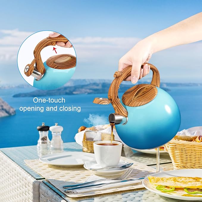 GGC Tea Kettle for Stove Top, 3.1QT/3L Whistling Tea Kettles for Boiling Water Coffee or Milk, Gradient Blue Tea Pot with Wood Parttern Handle, Stainless Steel Tea Pots for Home and Kitchen