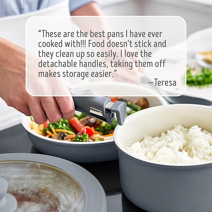 GreenLife 10 Piece Nonstick Pots & Pans Set, Detachable Handle & Stackable Cookware Set, Non Toxic PFAS-Free Skillets, Induction Kitchen Pans, Space Saving, Serving Bowls, Oven Safe, Graphite