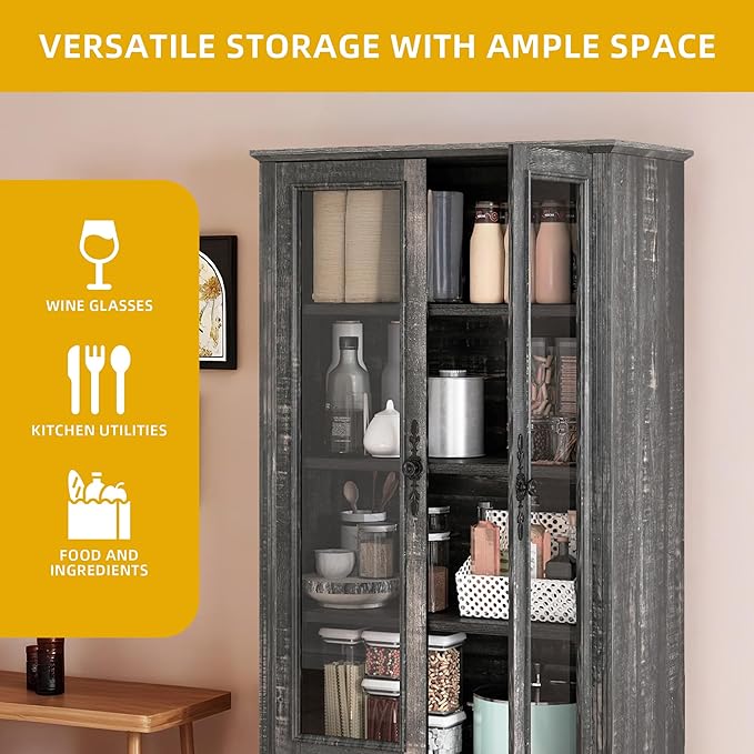DWVO 76" Storage Cabinets, Freestanding Kitchen Pantry with Adjustable Shelves & Drawers, Farmhouse Glass Display Cabinets Tall Cupboard for Dining Room, Living Room, Dark Rustic