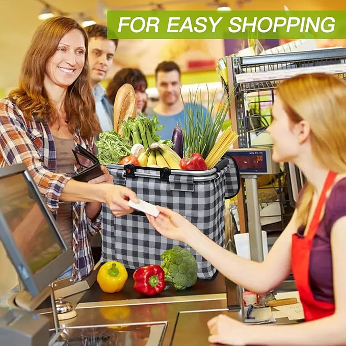 Insulated Picnic Basket,40L Leak-Proof Cooler Bag,Grocery Basket with Lid,2 Sturdy Handles,Storage Basket for Picnic, Picnic Basket for 4 Persons (Black Grid)