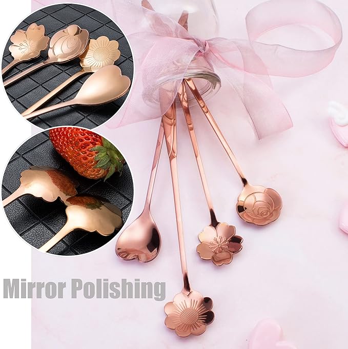 9 Pcs Flower Spoon Coffee Teaspoon Set, ESRISE Stainless Steel Tea Spoon for Tea Party Decorations (Rose Gold)